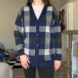 Navy and white plaid cardigan, women’s M